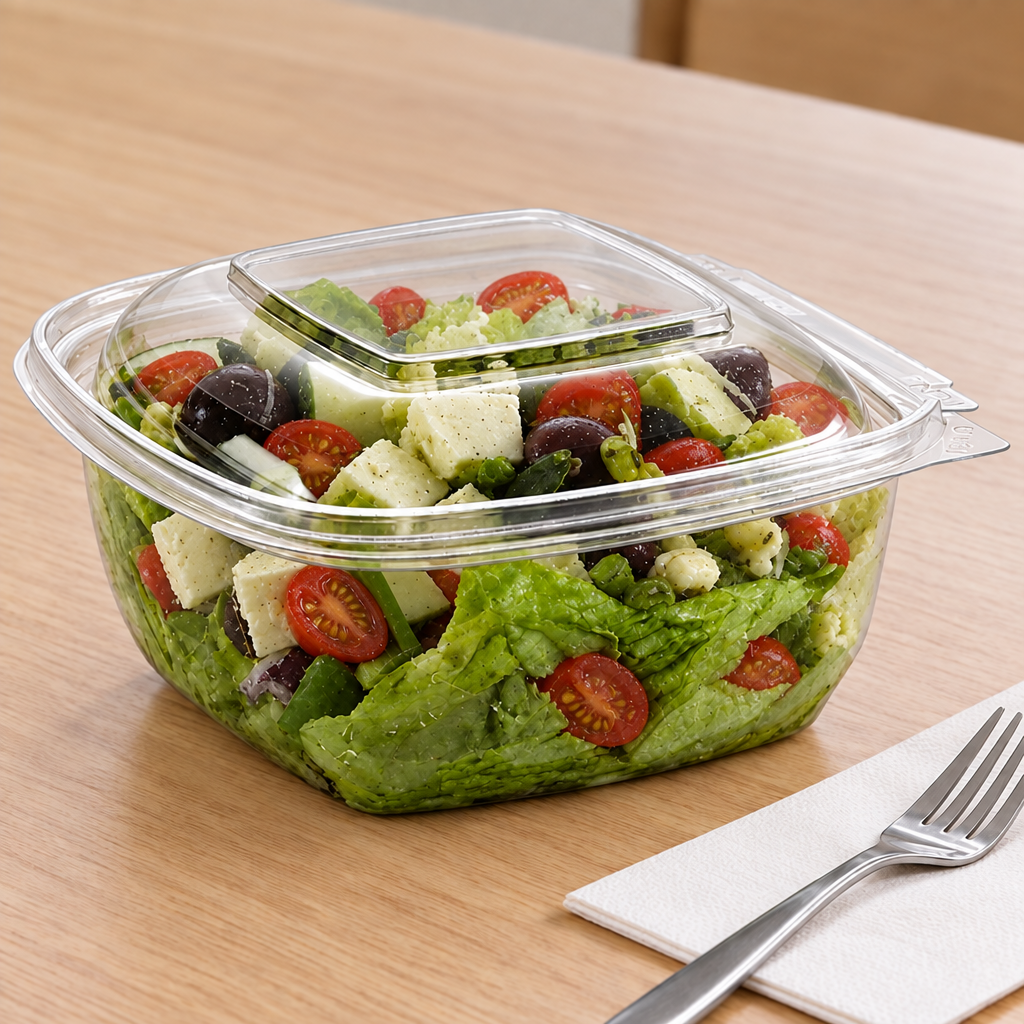 Salatbakke med låg, salat og tomater på cafébord ved bestik og serviet