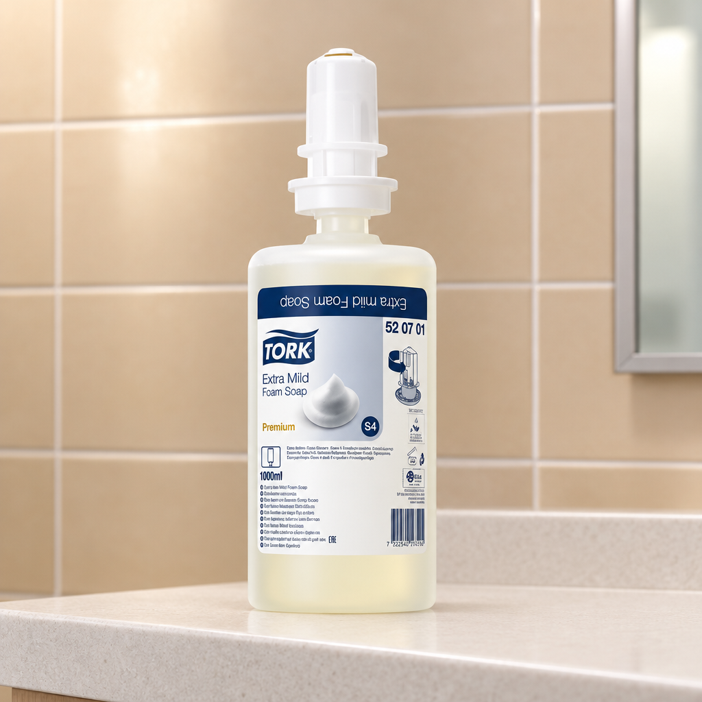 Tork Extra Mild S4-skumsæberefill ved skolens personaletoilet