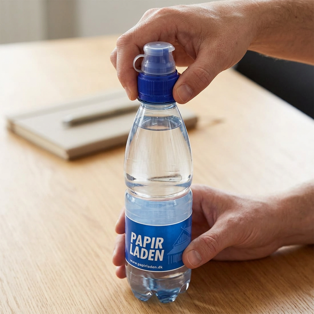 Blå sportscap drejes på 0,5-liters logovand ved mødebordet