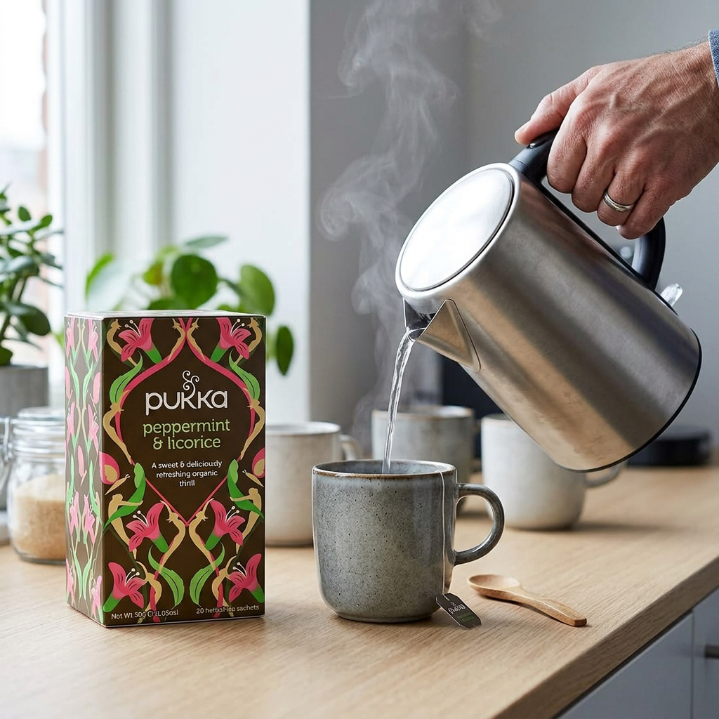 Pukka Peppermint & Licorice tilberedes med varmt vand ved testationen