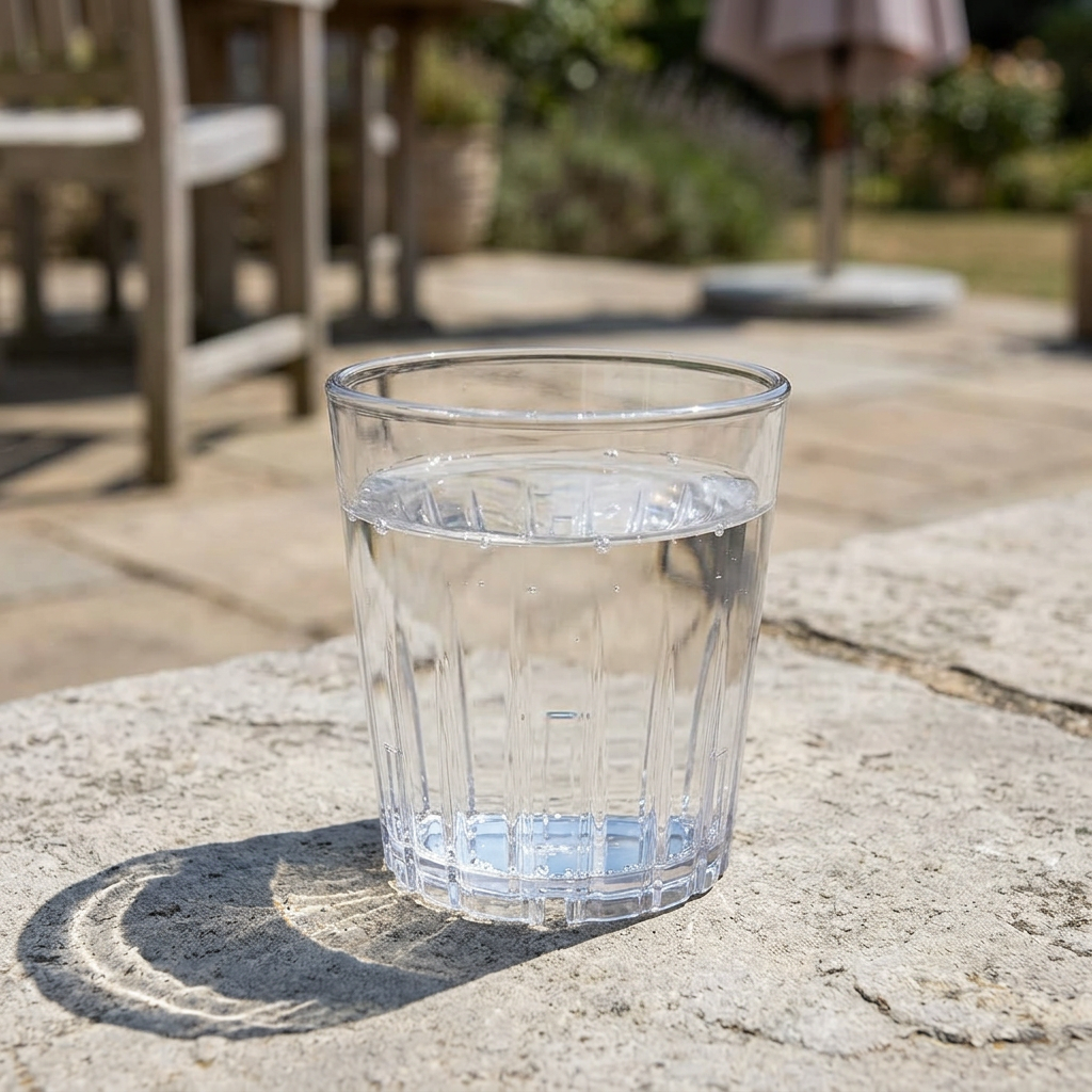 Klart polyglas med vand på en lys stenflade i en solrig have