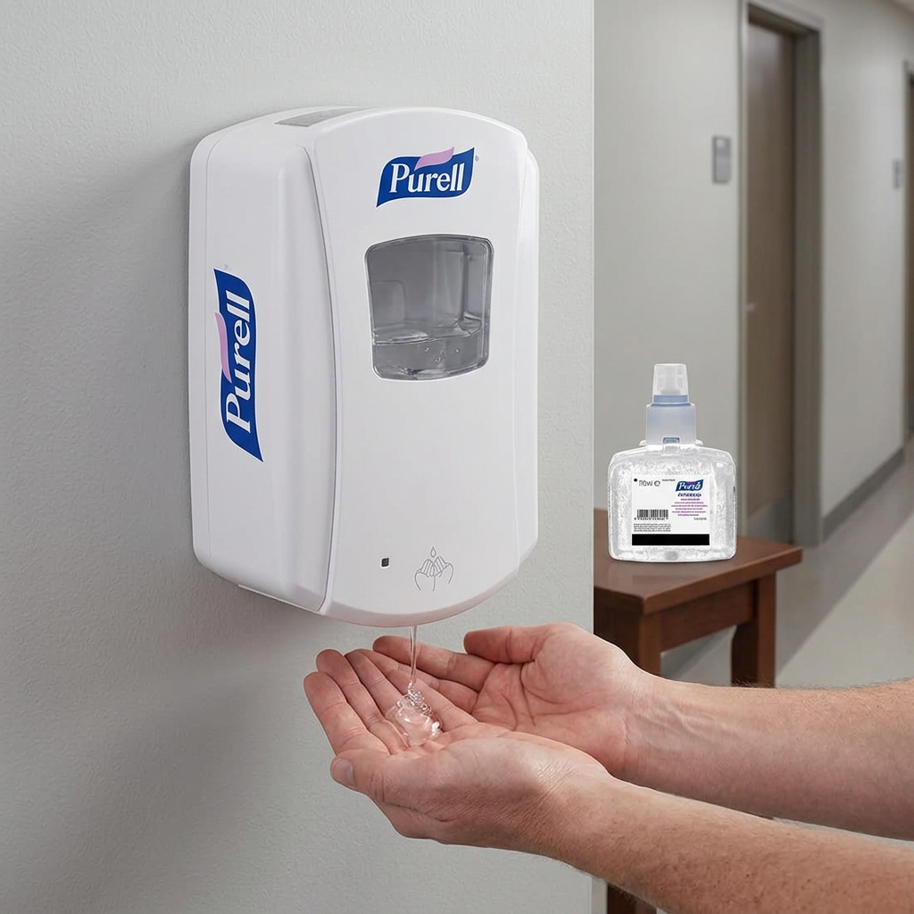 Hænder modtager gel fra Purell LTX-7 med separat gelrefill i baggrunden