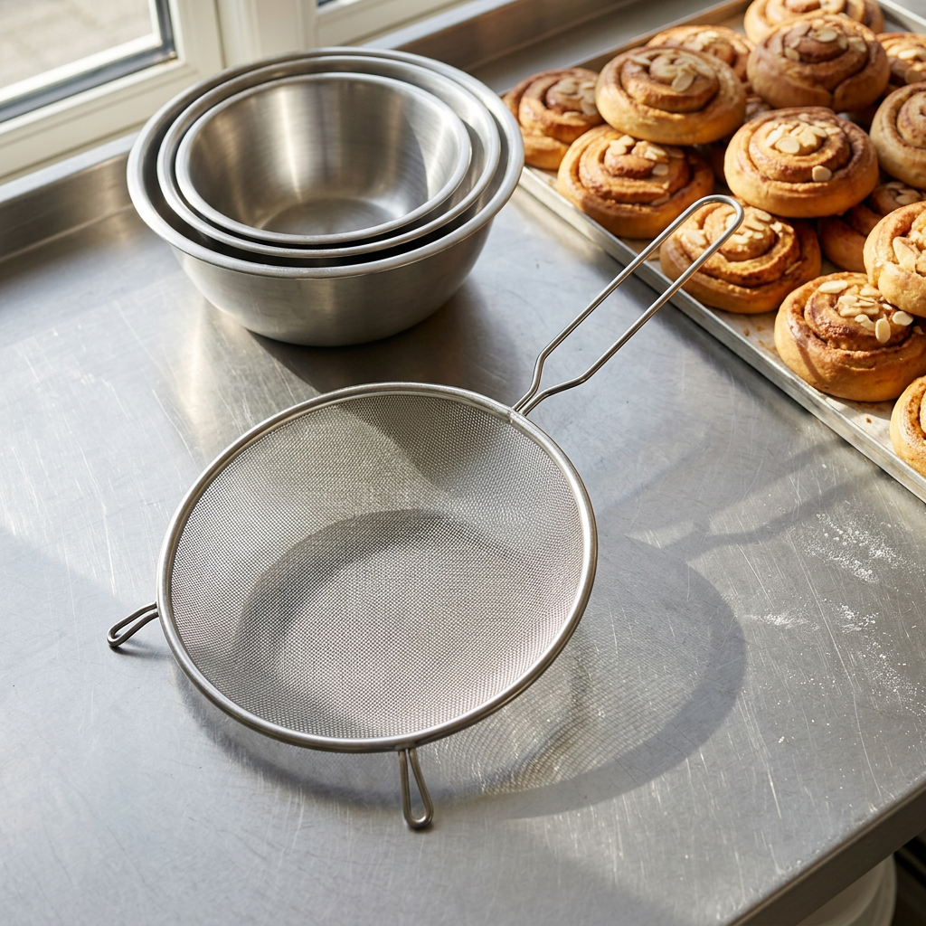 Trådsigte ved røreskåle og bagværk på køkkenets stålbord