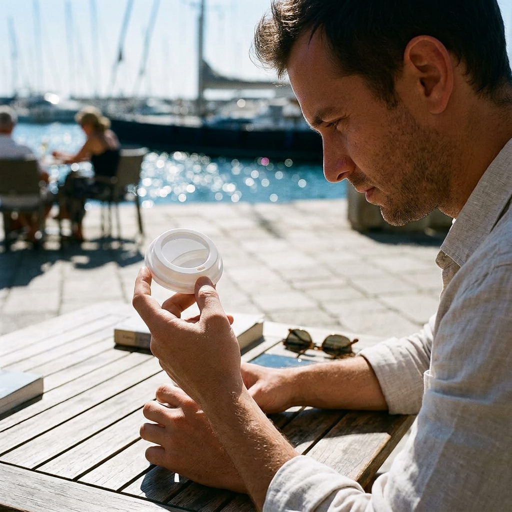 Voksen holder et hvidt drikkelåg på solrig havneterrasse