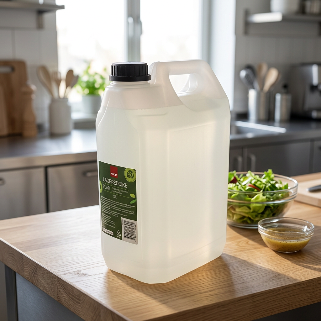 Klar lagereddike i 5 liters dunk ved salat og dressing i køkkenet