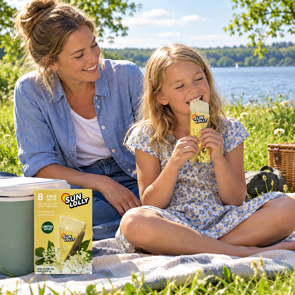 Barn og forælder med Sun Lolly Hyldeblomst på picnictæppe ved sø