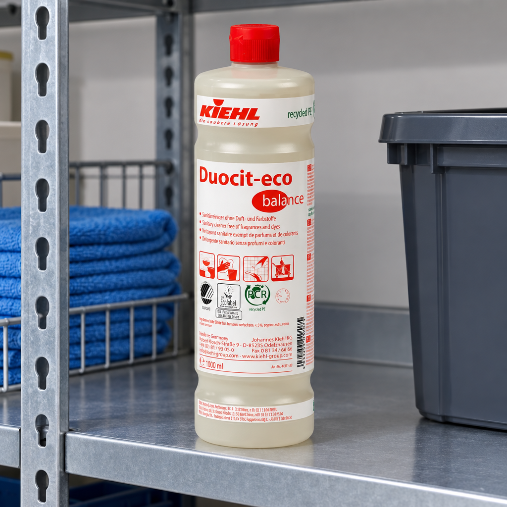 Kiehl Duocit-eco Balance 1 L på metalhylde i rengøringsrum