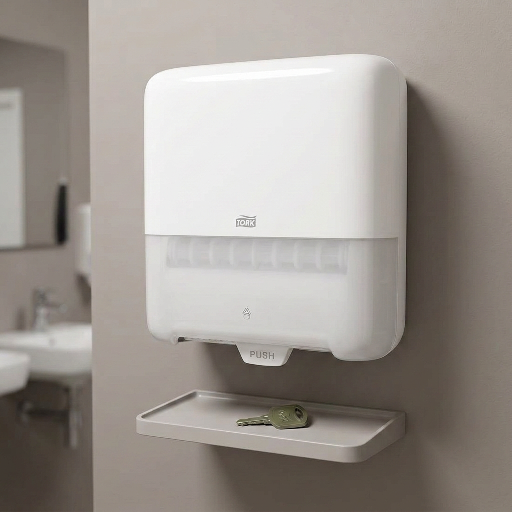 Tork-nøgle 2310 på en servicebakke under hvid Tork Matic H1-dispenser 5114