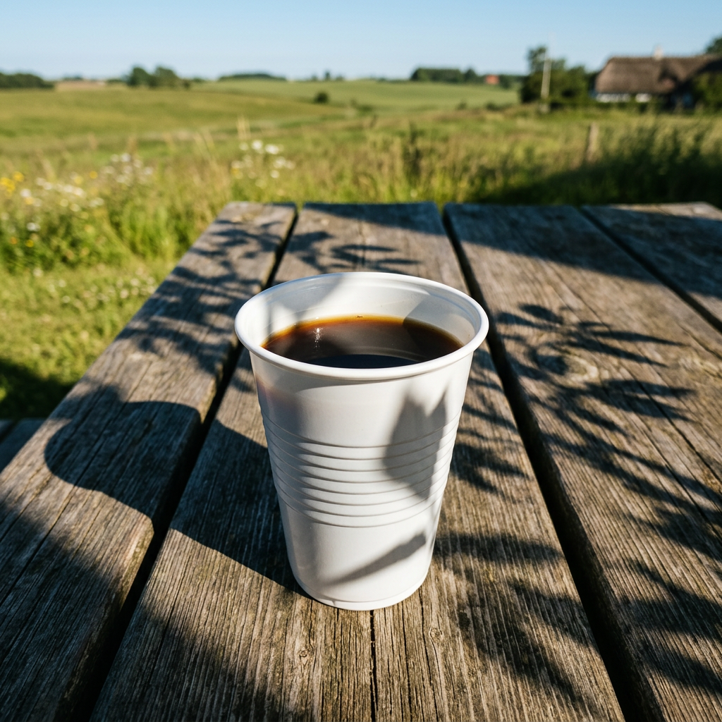 Hvidt automatbæger med kaffe på solrigt træbord ved åbent grønt landskab