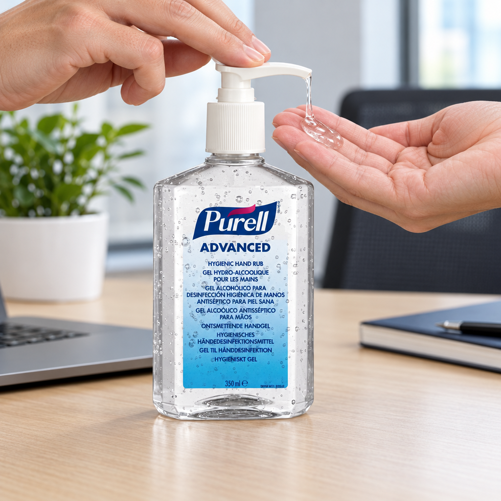 Illustreret dosering fra Purell Advanced 350 ml-pumpeflaske