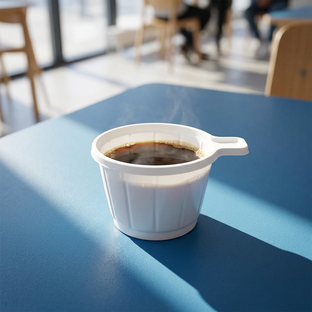 Hvid kaffekop med hank på blåt bord i solrig kantine