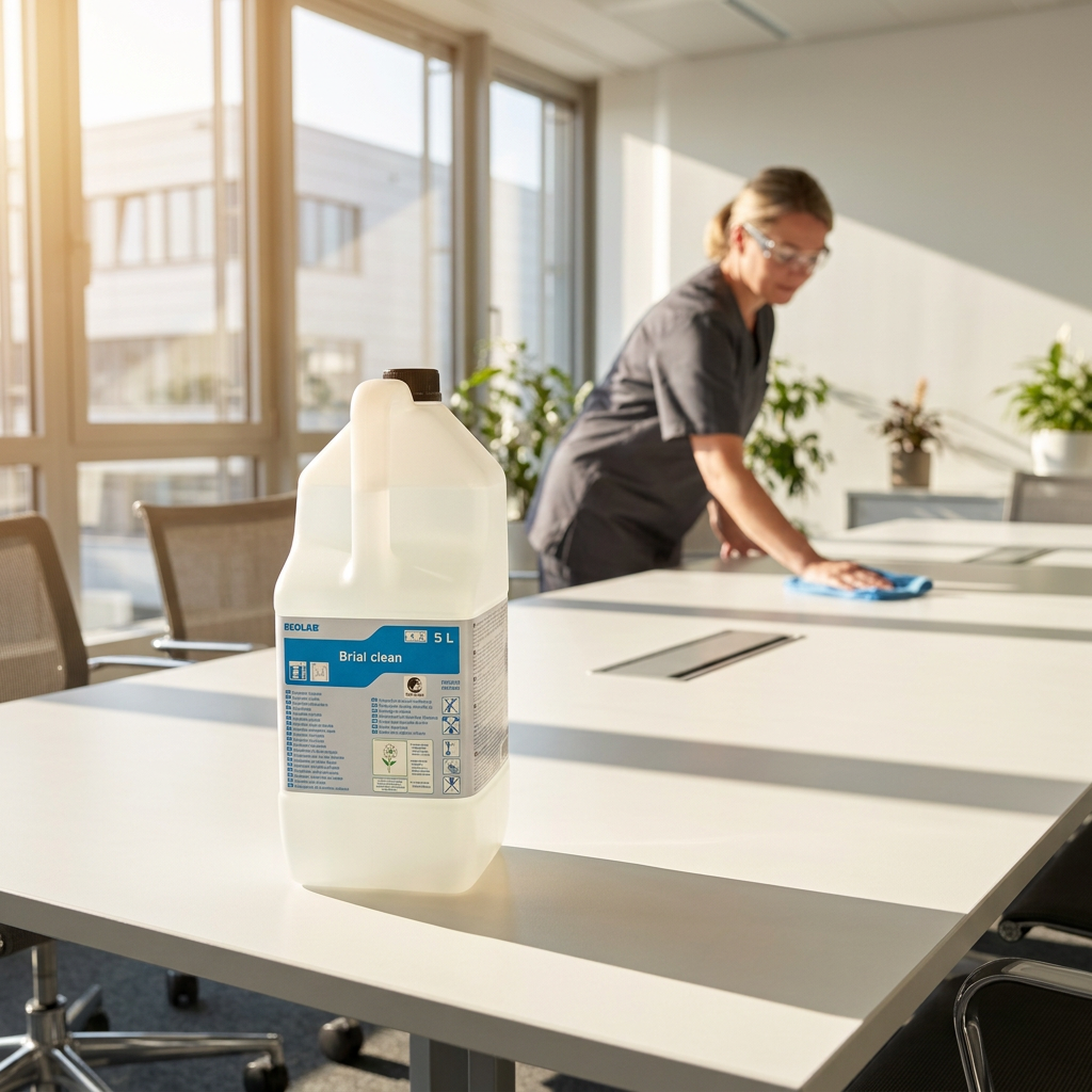 Brial Clean 5 liter ved aftørring af mødebord med mikrofiberklud i solrigt mødelokale