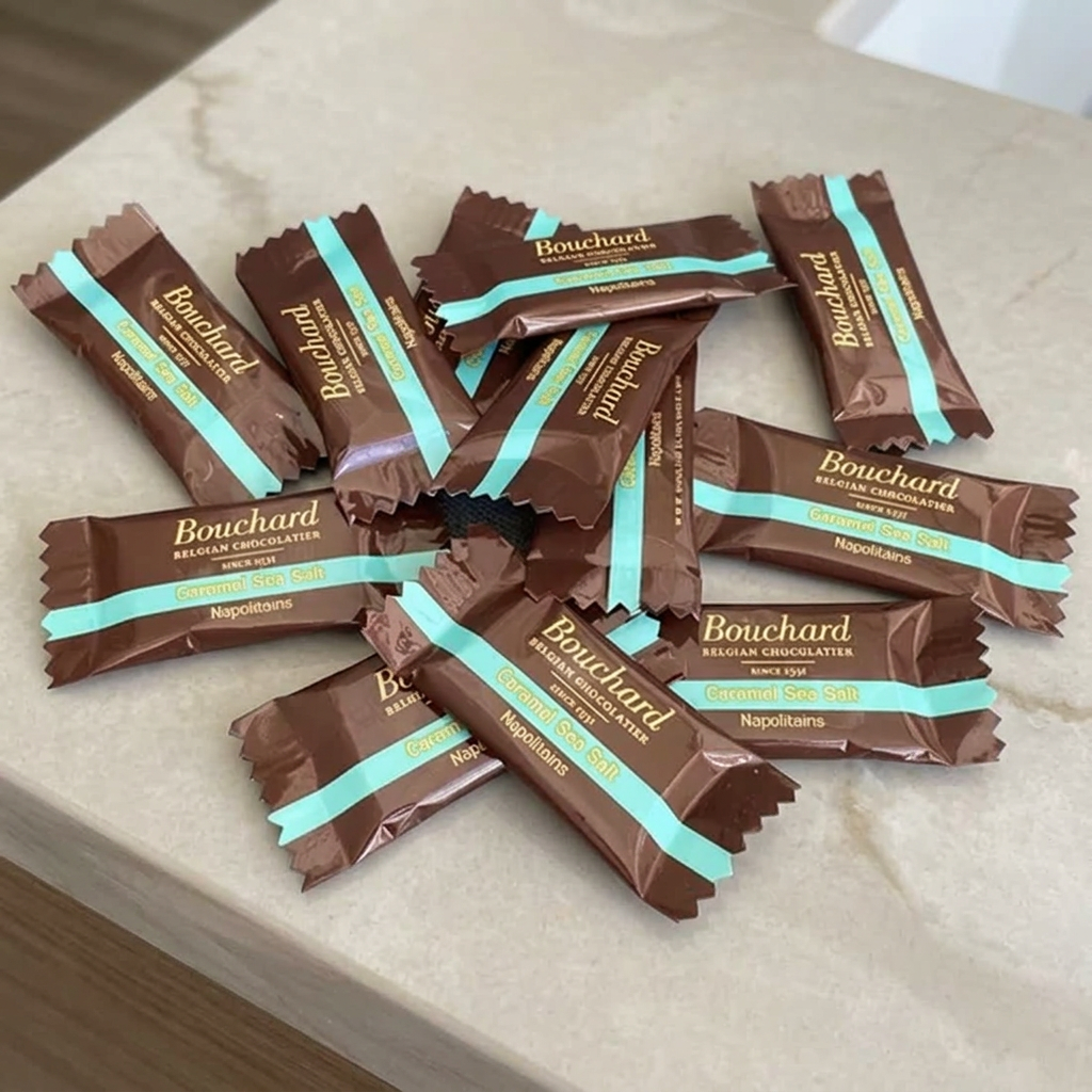 Brunt og turkis indpakket Bouchard kuvertchokolade på salonskranke