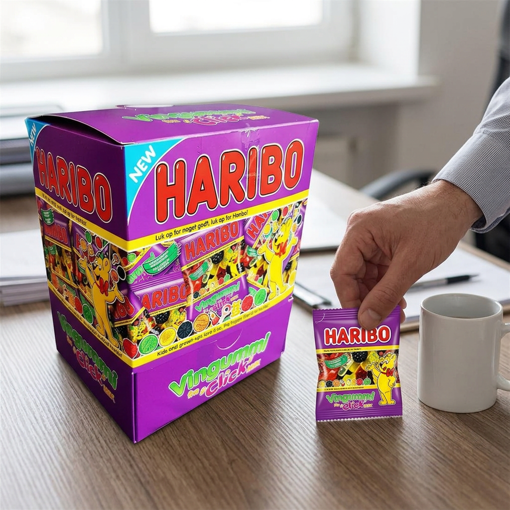 Haribo Click Mix-kasse og en lille portionspose ved kaffepausen