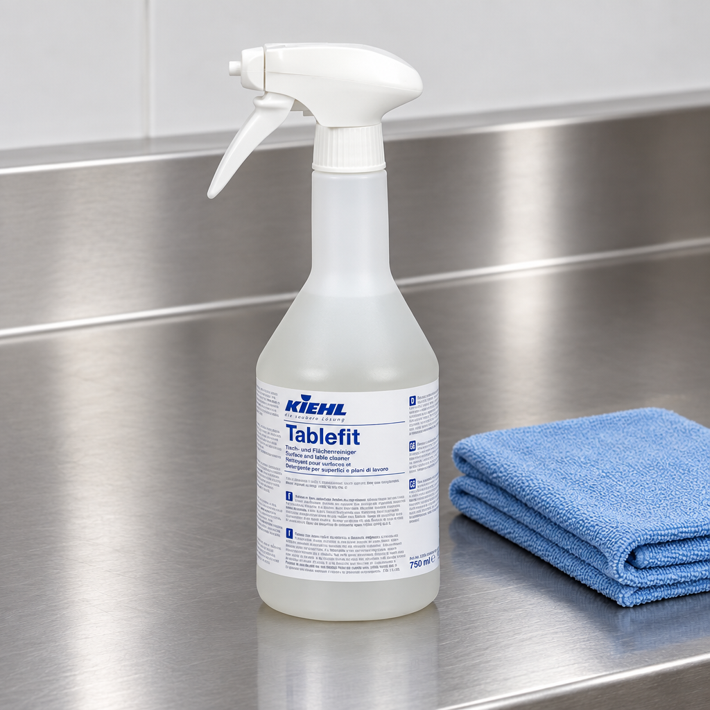 Kiehl Tablefit 750 ml tæt på med blå microfiberklud på ståloverflade
