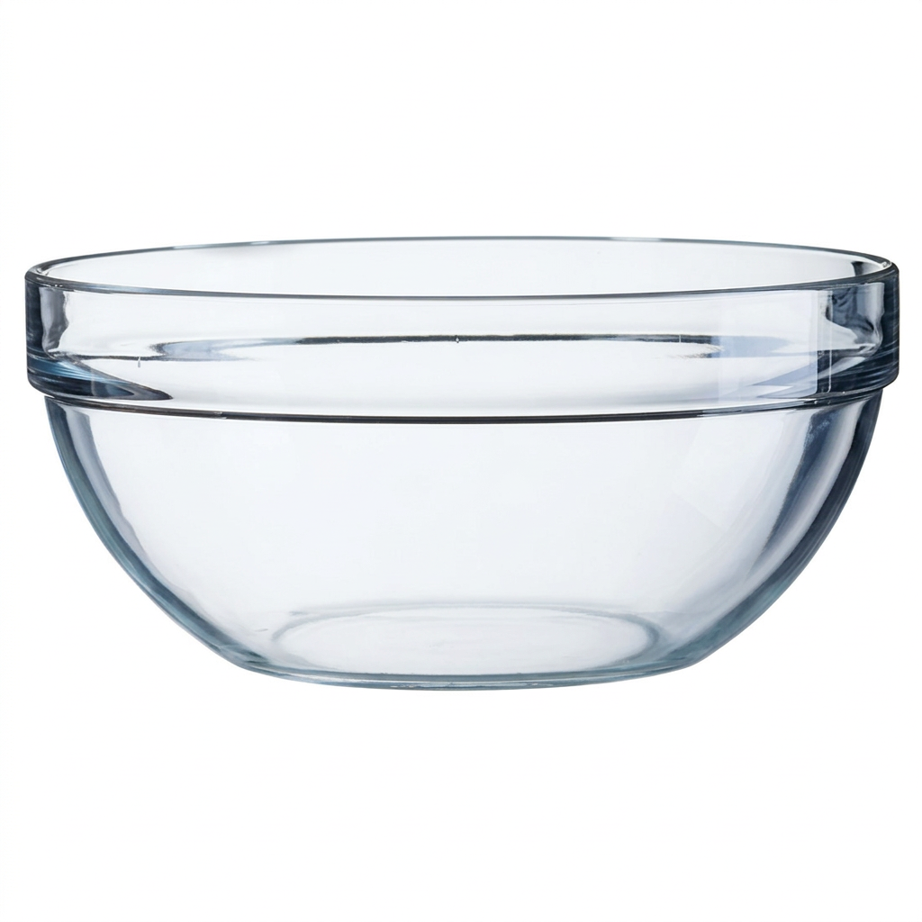 Stabelbar glasskål i klart glas, diameter 17 cm, på hvid baggrund; pakken indeholder 6 skåle