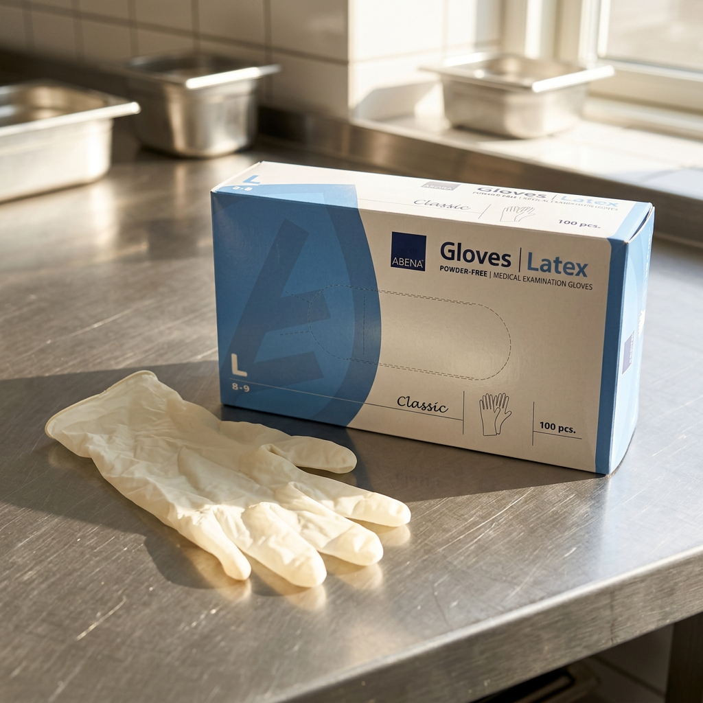 ABENA Classic L æske og naturfarvet latexhandske på solbelyst køkkenbord – stemningsbillede