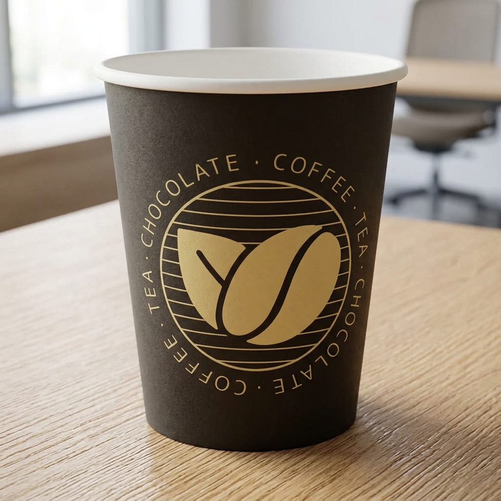 Tomt sort Beans-kaffebæger med gyldent bønnemotiv på lyst mødebord