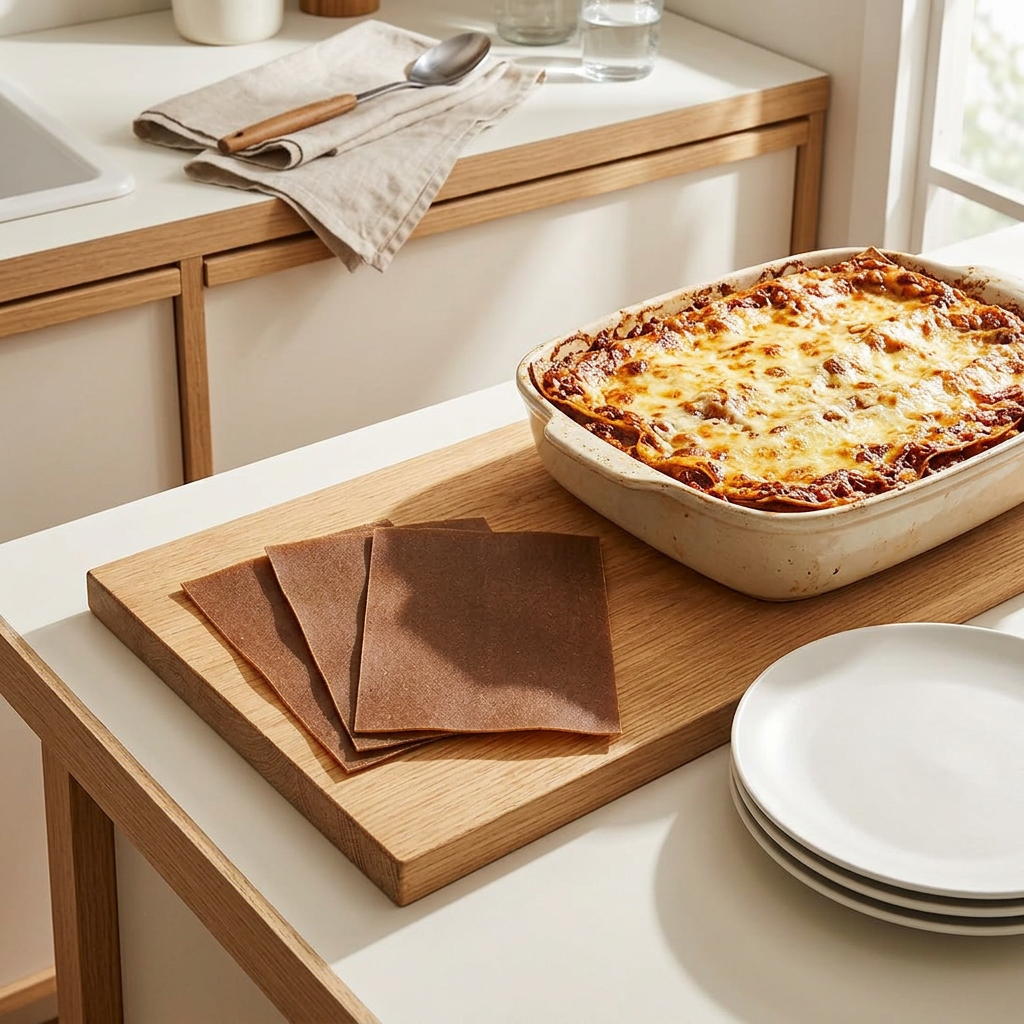 Fuldkornslasagneplader ved færdig lasagne og tallerkener i sollyst køkken