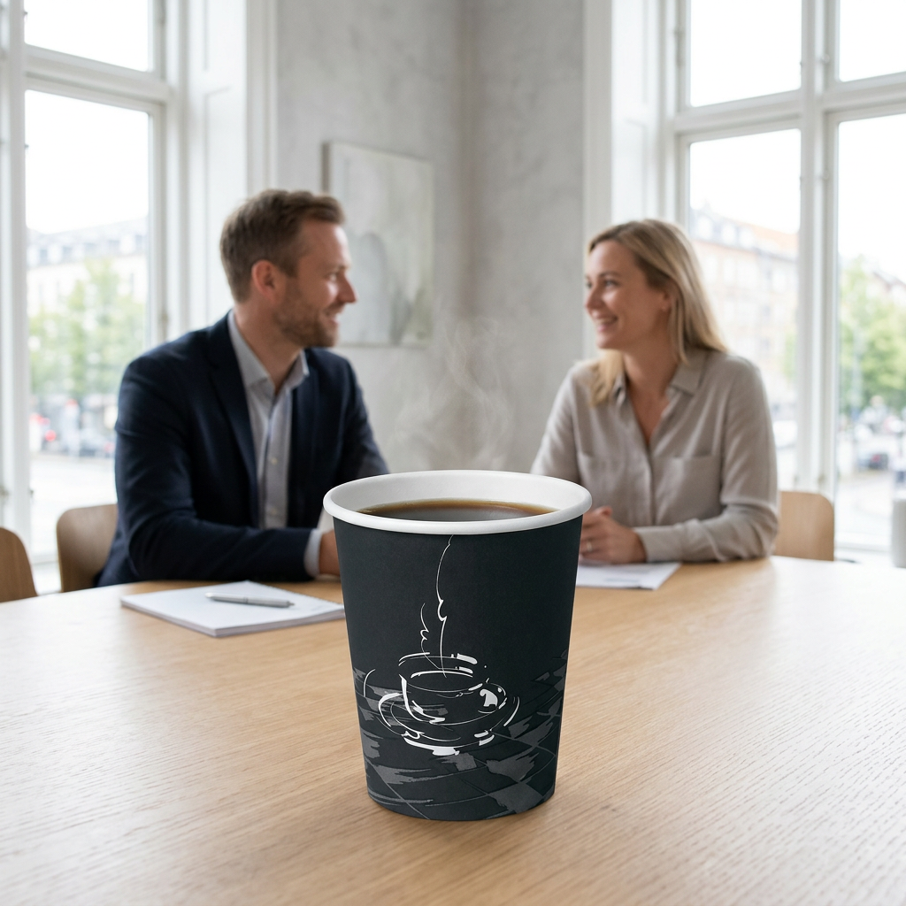 Sort kaffebæger med kaffe på mødebord med to voksne kolleger i baggrunden