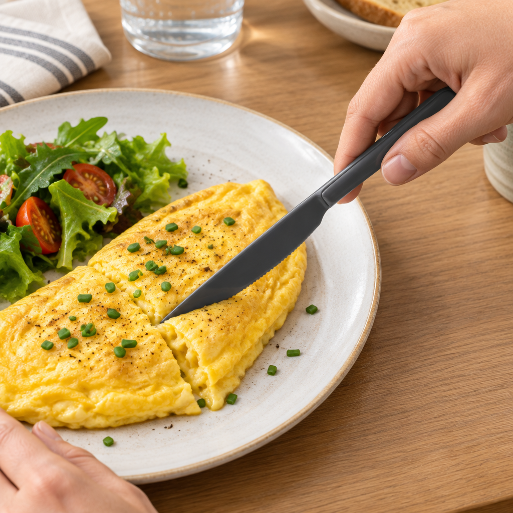 Grå flergangskniv bruges til omelet