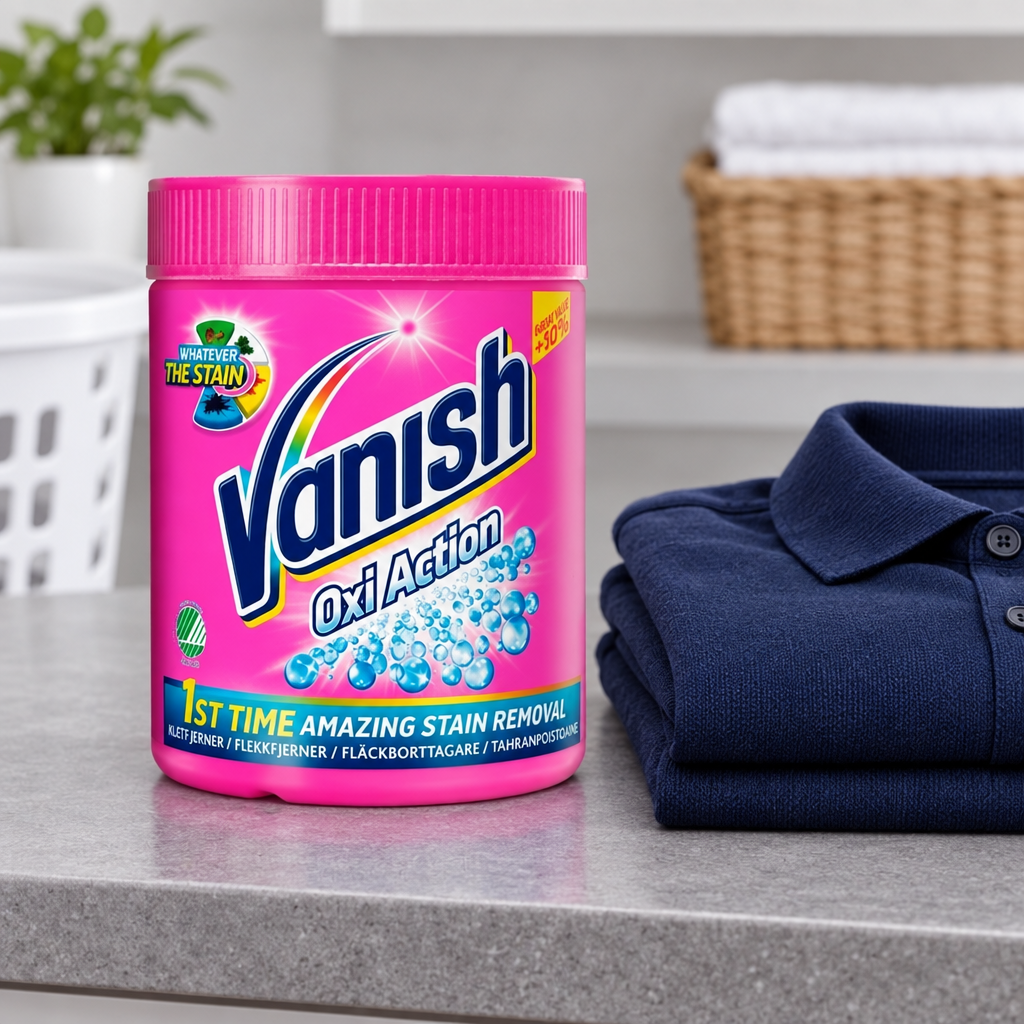 Vanish Pink Powder på vaskebord ved foldet mørkeblå skjorte