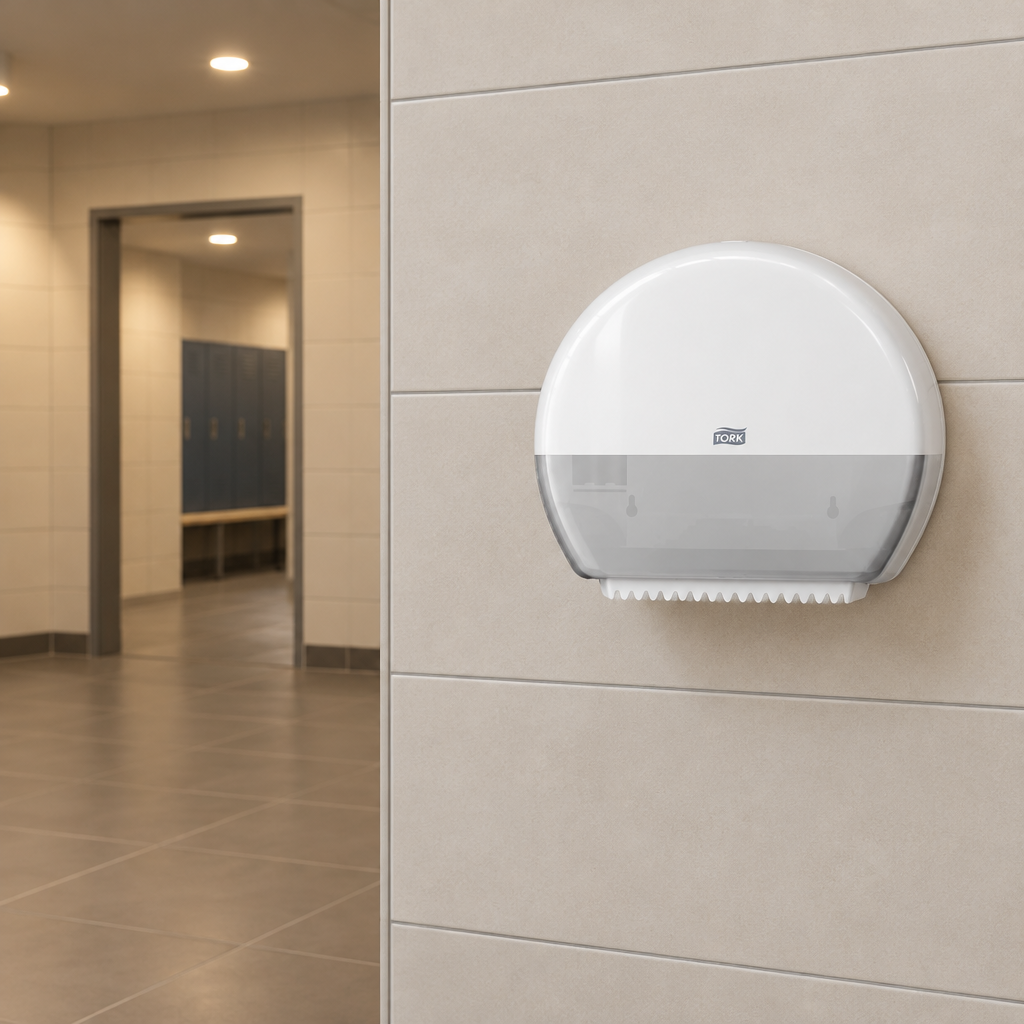 Tork T2 Mini Jumbo 555000 i sportshallens toiletområde