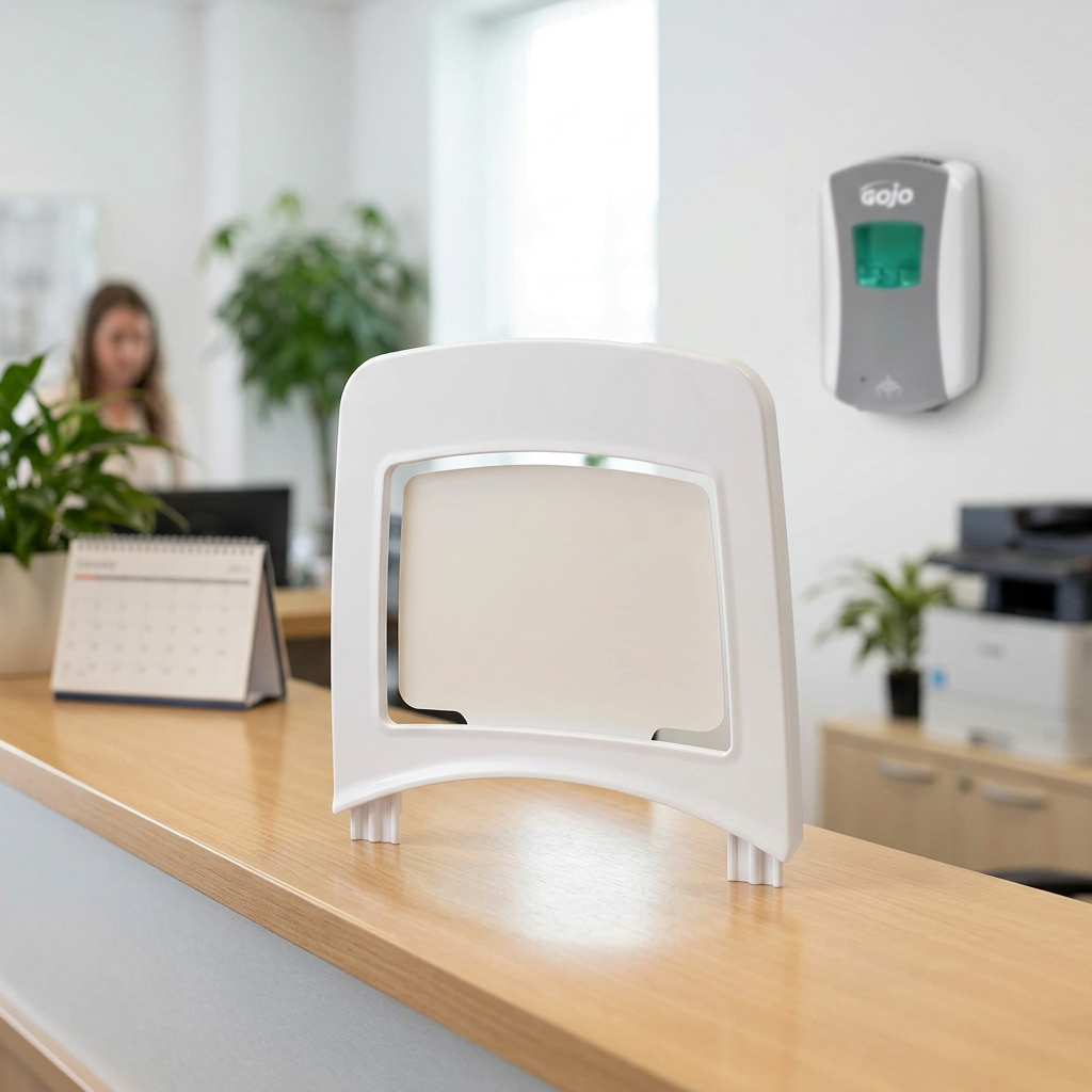 Hvid GOJO-skiltramme ved reception med GOJO LTX-7 i baggrunden