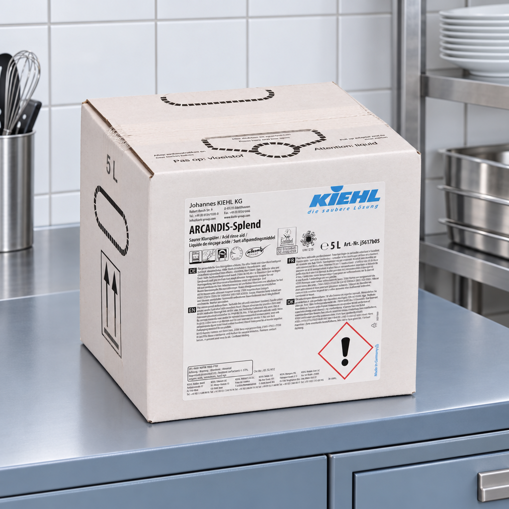 Kiehl Arcandis-Splend BIB 5 L på blågråt skab i flisebeklædt køkken