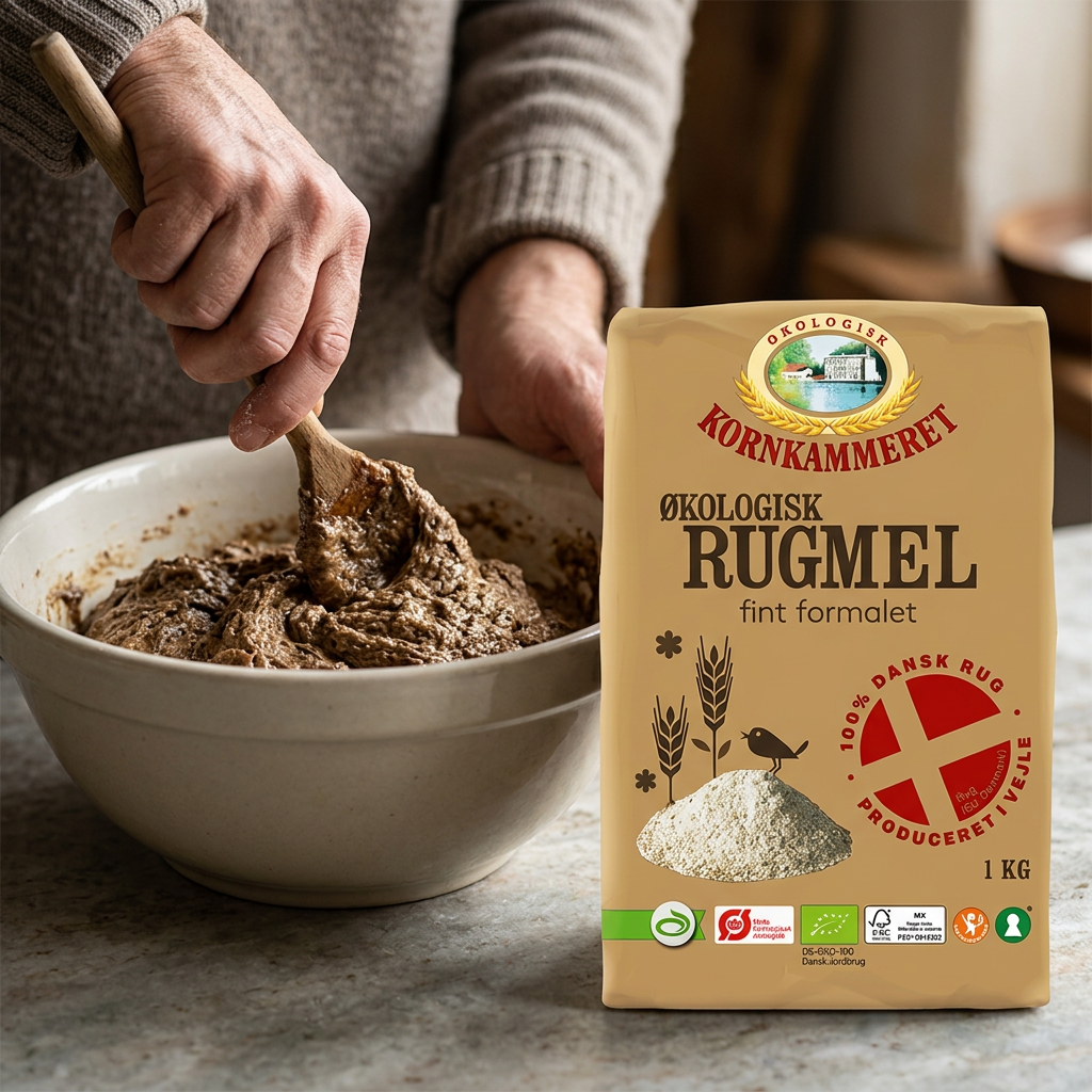 Rugbrødsdej røres med træske ved pakken med økologisk rugmel