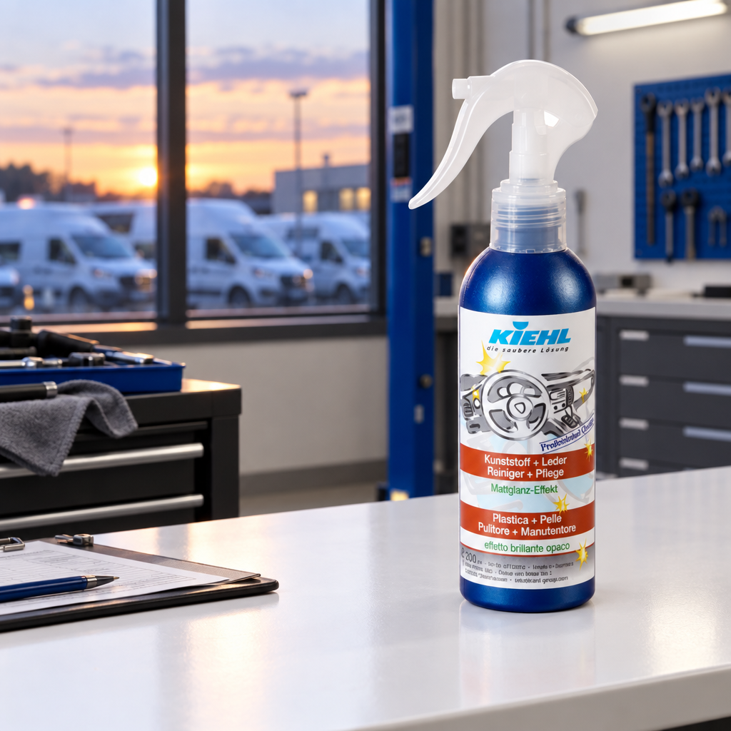 Kiehl bilpleje 200 ml på hvidt bord i vognparkens servicerum ved solnedgang