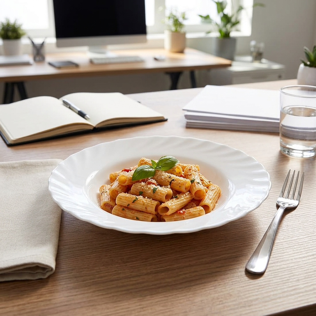 Hvid tallerken med bølgekant og pasta ved arbejdspladsens frokostbord