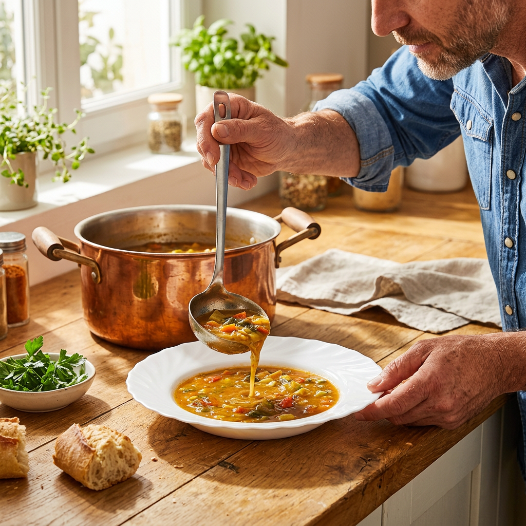 Mand øser suppe i hvid, dyb tallerken med bølgekant