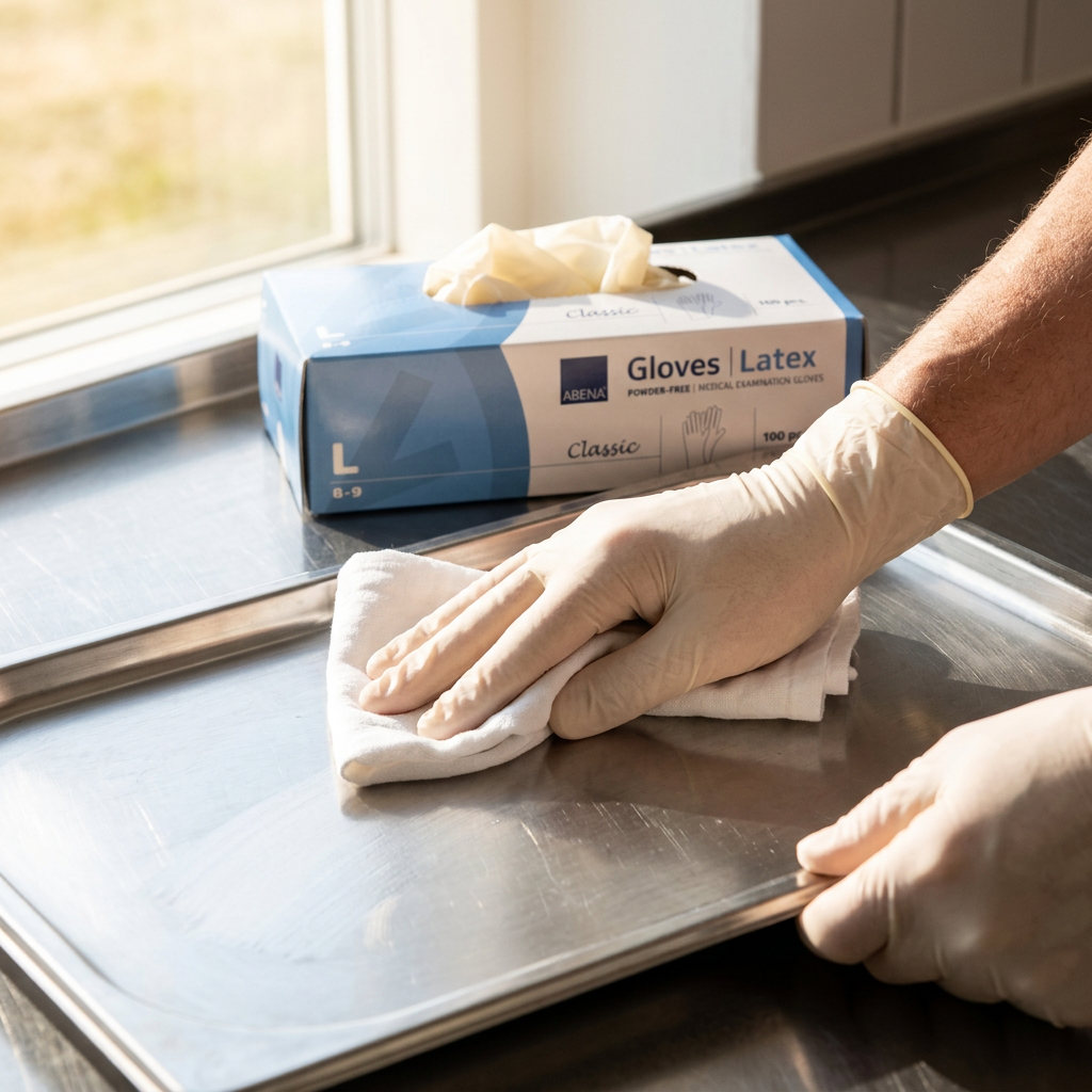 Voksne hænder med naturfarvede latexhandsker tørrer serveringsbakke med klud i sollys, ABENA Classic L – stemningsbillede