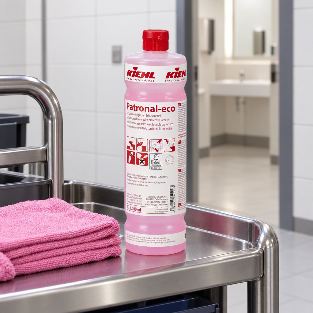 Kiehl Patronal-Eco på rengøringsvogn med rosa klude, stemningsbillede