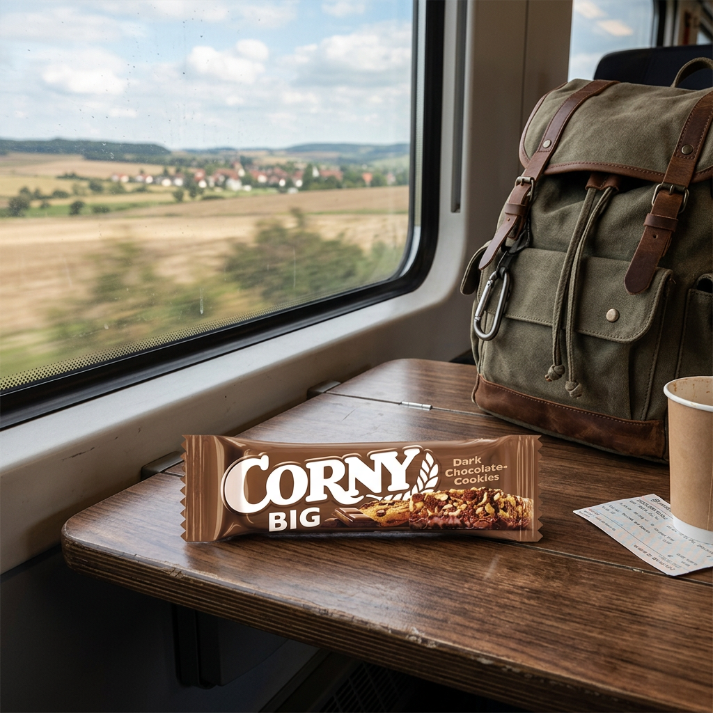 Corny Big Dark Chocolate-Cookies som snack på togrejse