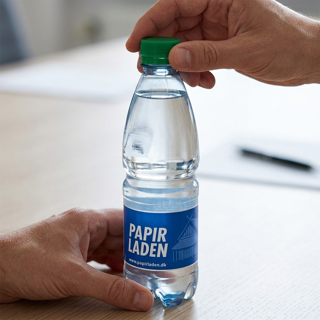 Grønt låg drejes på Papirladens 0,5-liters logovandsflaske