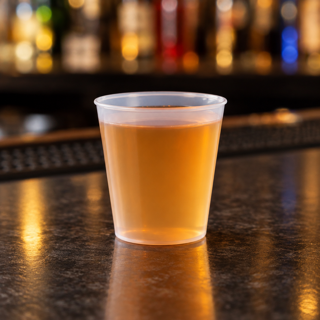 PP-shotglas med gylden drik set fra siden ved bardisk, stemningsbillede