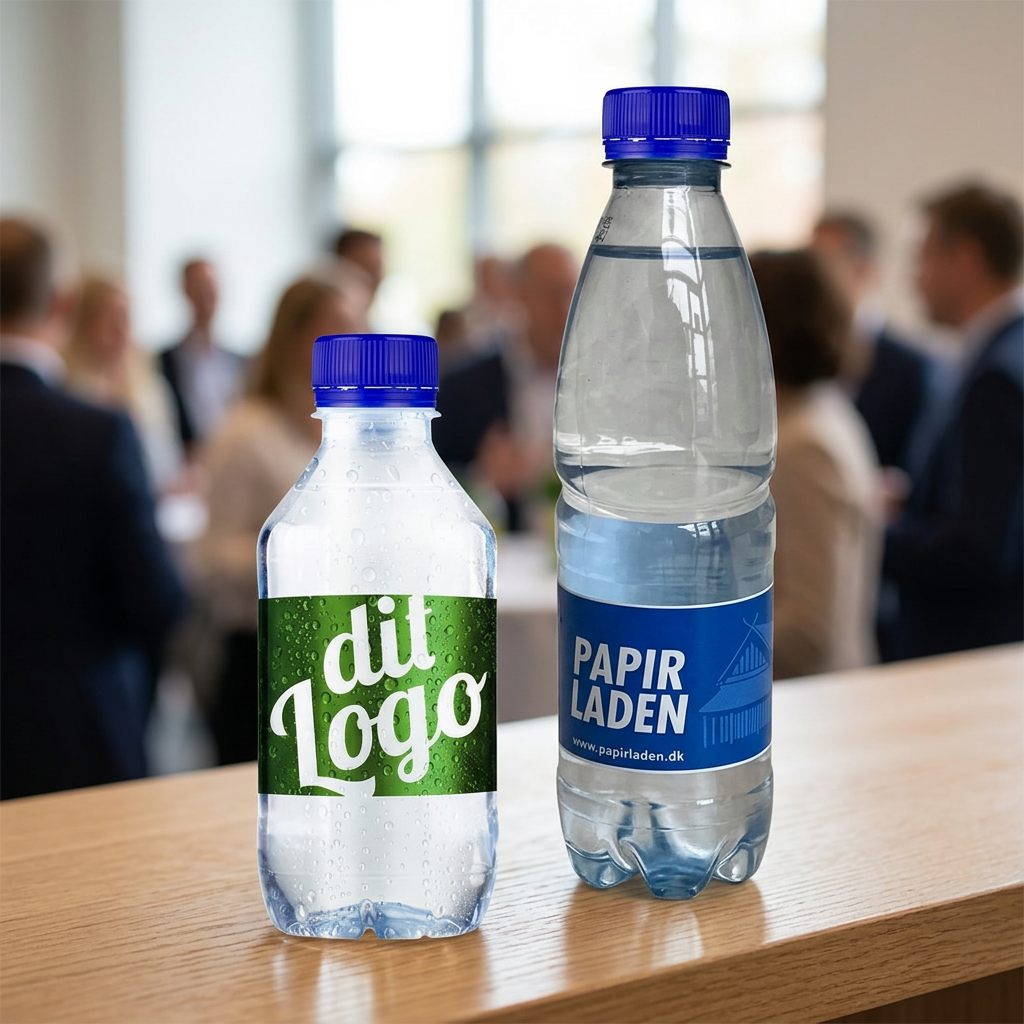 Begge logovandsstørrelser med blå låg på velkomstbordet