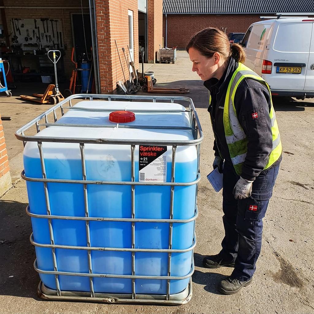 Voksen medarbejder læser etiketten på palletank med Dankemi sprinklervæske