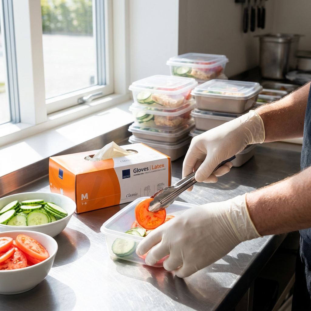 Voksne hænder med naturfarvede latexhandsker klargør salat med tang i sollys, ABENA Classic M – stemningsbillede