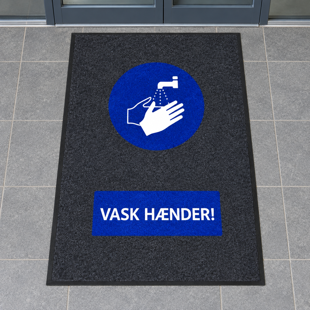 Vask Hænder-smudsmåtte foran glasdøre på flisegulv, genereret miljøbillede