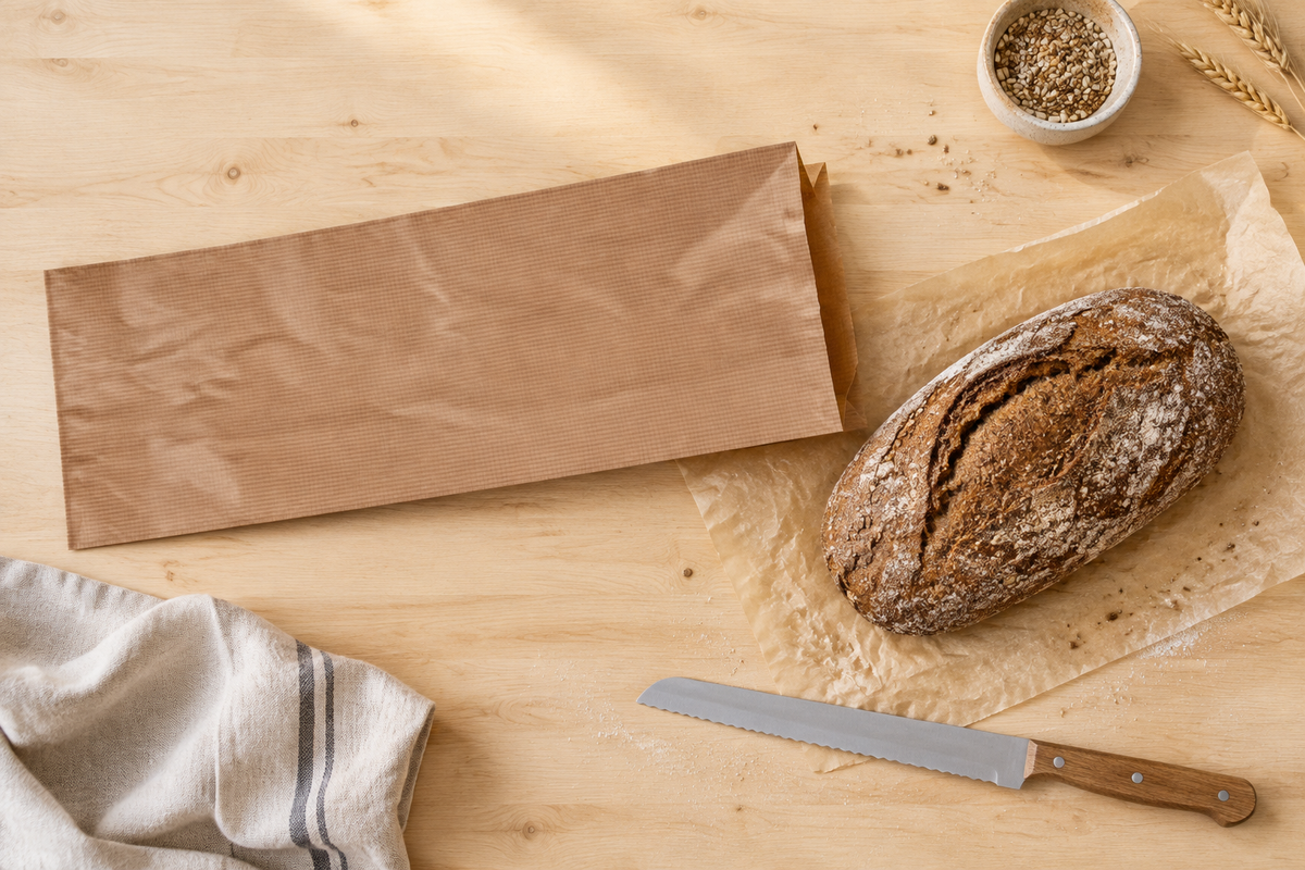Miljøbillede set oppefra af brun ribbet grovbrødspose 1062 på bagerbord med rugbrød