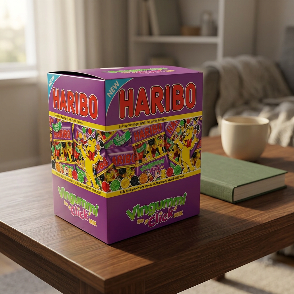 Haribo Click Mix-kasse på sofabord ved bog og kaffekop