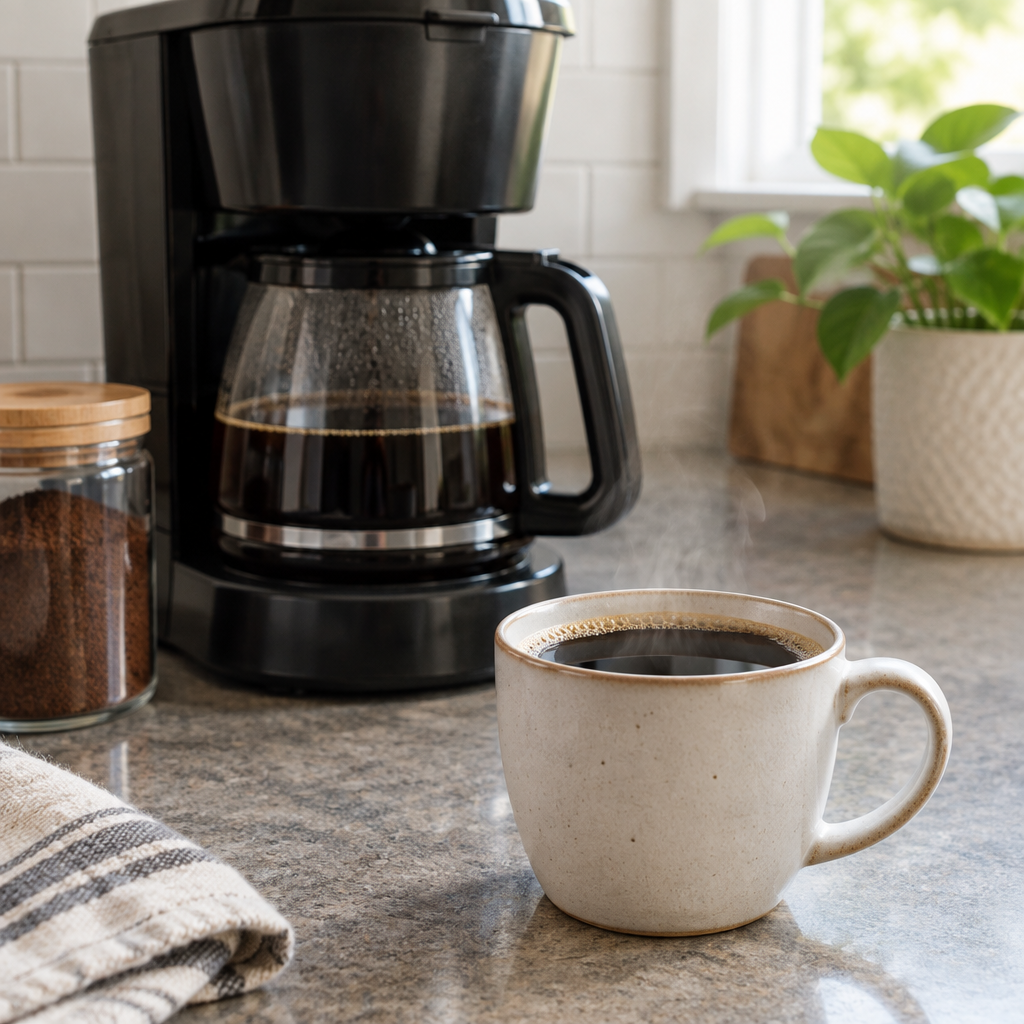 Stemningsbillede af filterkaffe i køkken, ikke foto af Moccamaster-filtertragtens låg