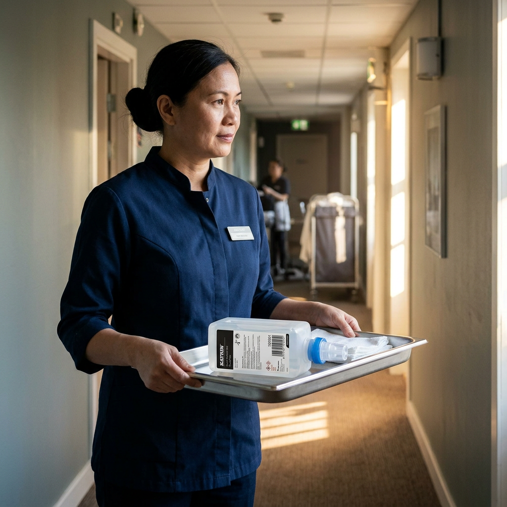 Medarbejder bærer Katrin 101061-refill på servicebakke