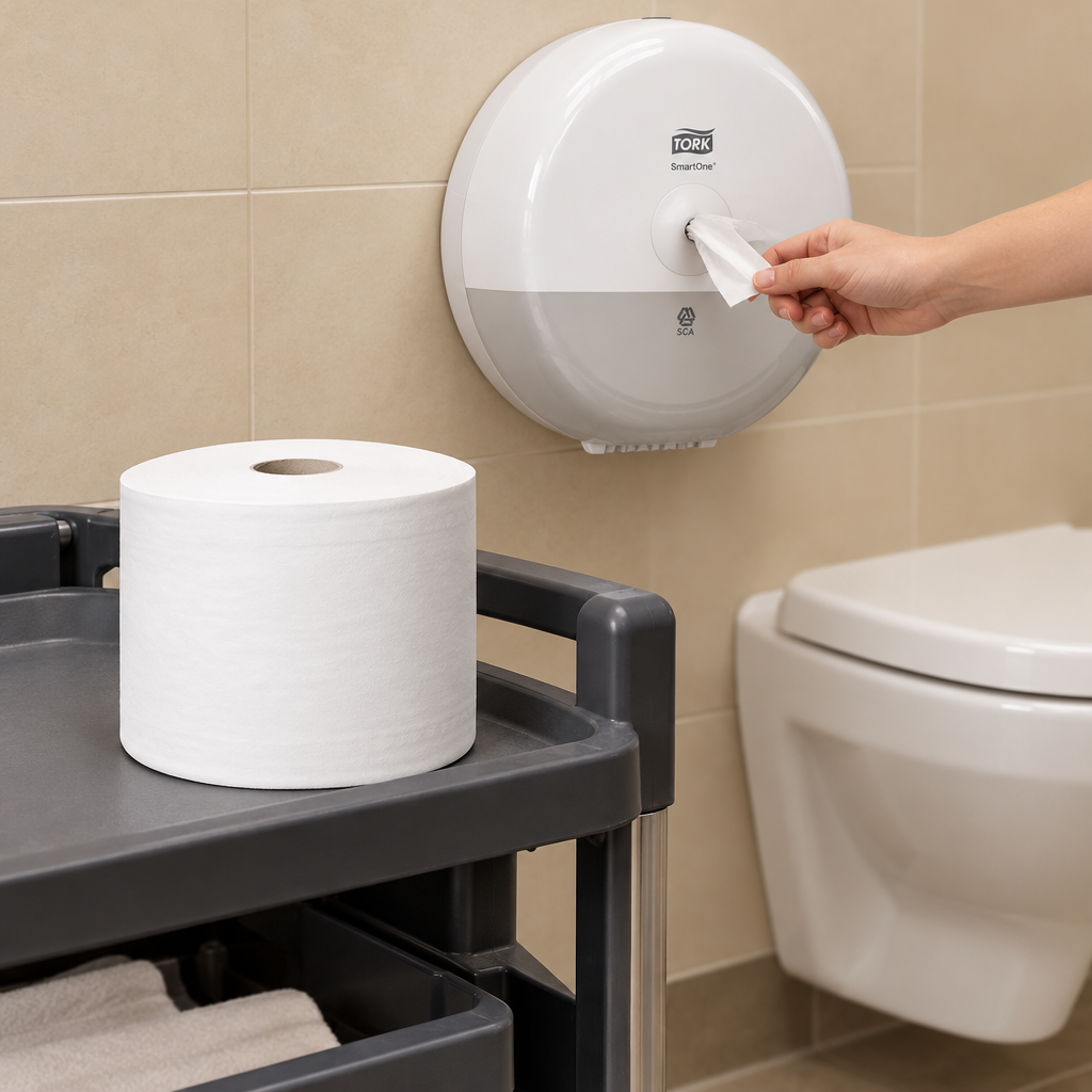 SmartOne T8-toiletrulle på servicevogn ved dispenser og toilet
