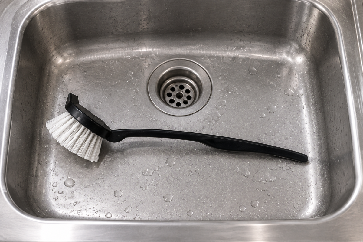 Sort Basic-opvaskebørste ved bryggersvask set oppefra, stemningsillustration