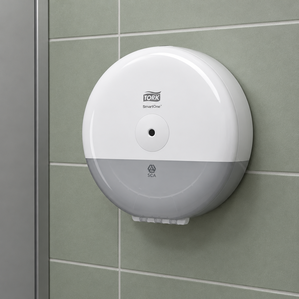 Tork SmartOne Mini T9 med centralt papirudtag på sportshallens toilet