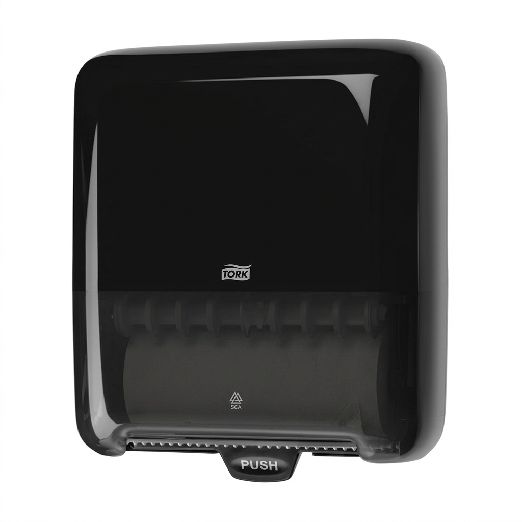 Sort Tork Matic H1 551008 håndklæderulledispenser, produktfoto på hvid baggrund